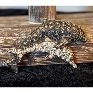 Sterling Silver Two Dolphin Marcasite & Clear Stone Brooch